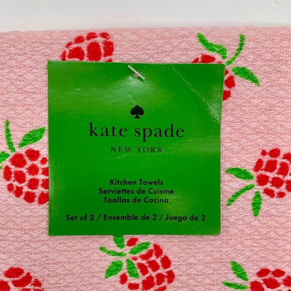 Kate Spade Pink Red Berry Print Kitchen Towels Set of 2 Strawberries Raspberries - Picture 1 of 4